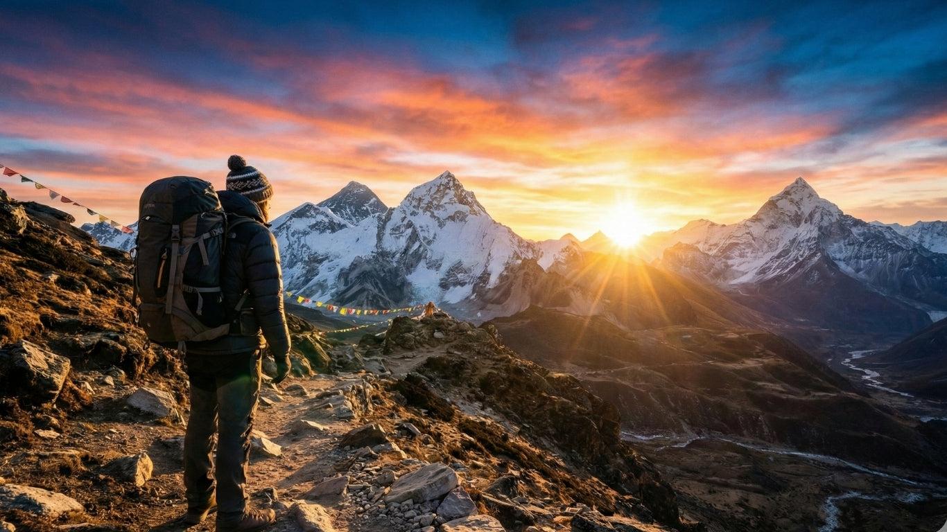 Traveller at a mountain sunset